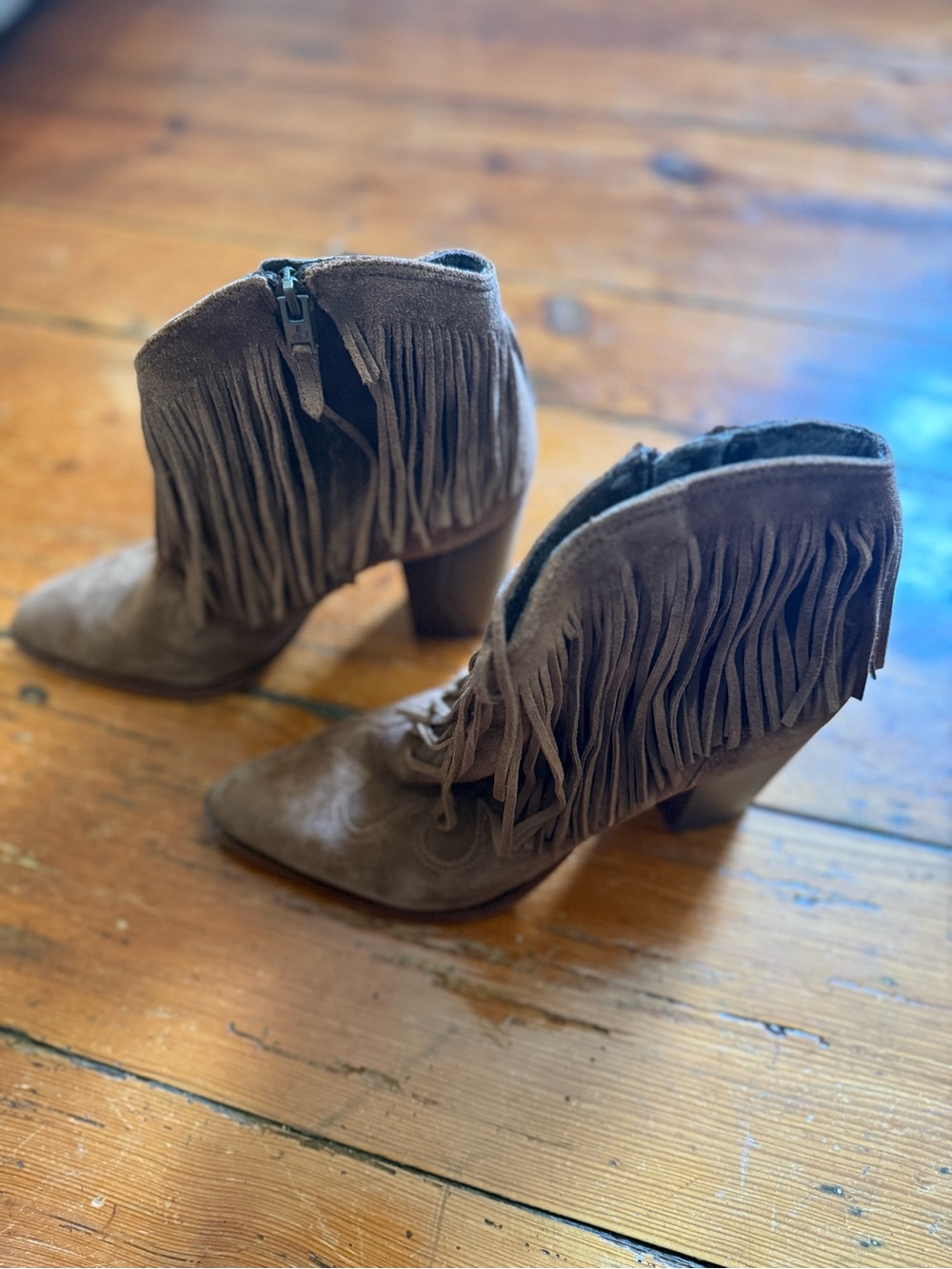 Sam Edelman Taupe Suede Fringe Ankle Boots - Picture 3 of 7